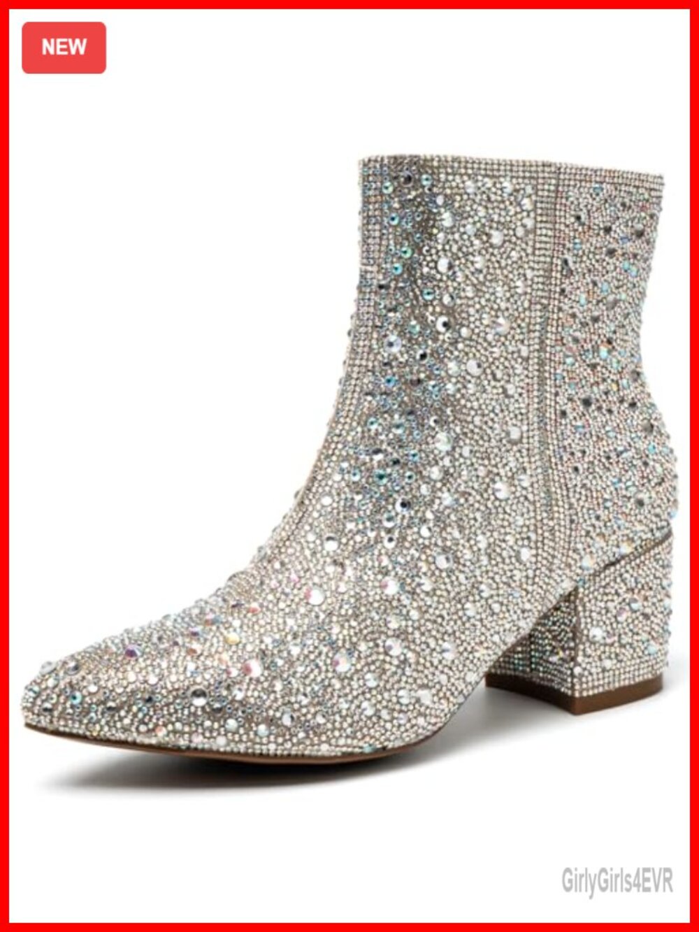 Rhinestone Sparkly Ankle Boots Pointed Toe Side Zip Chunky Heel Booties
